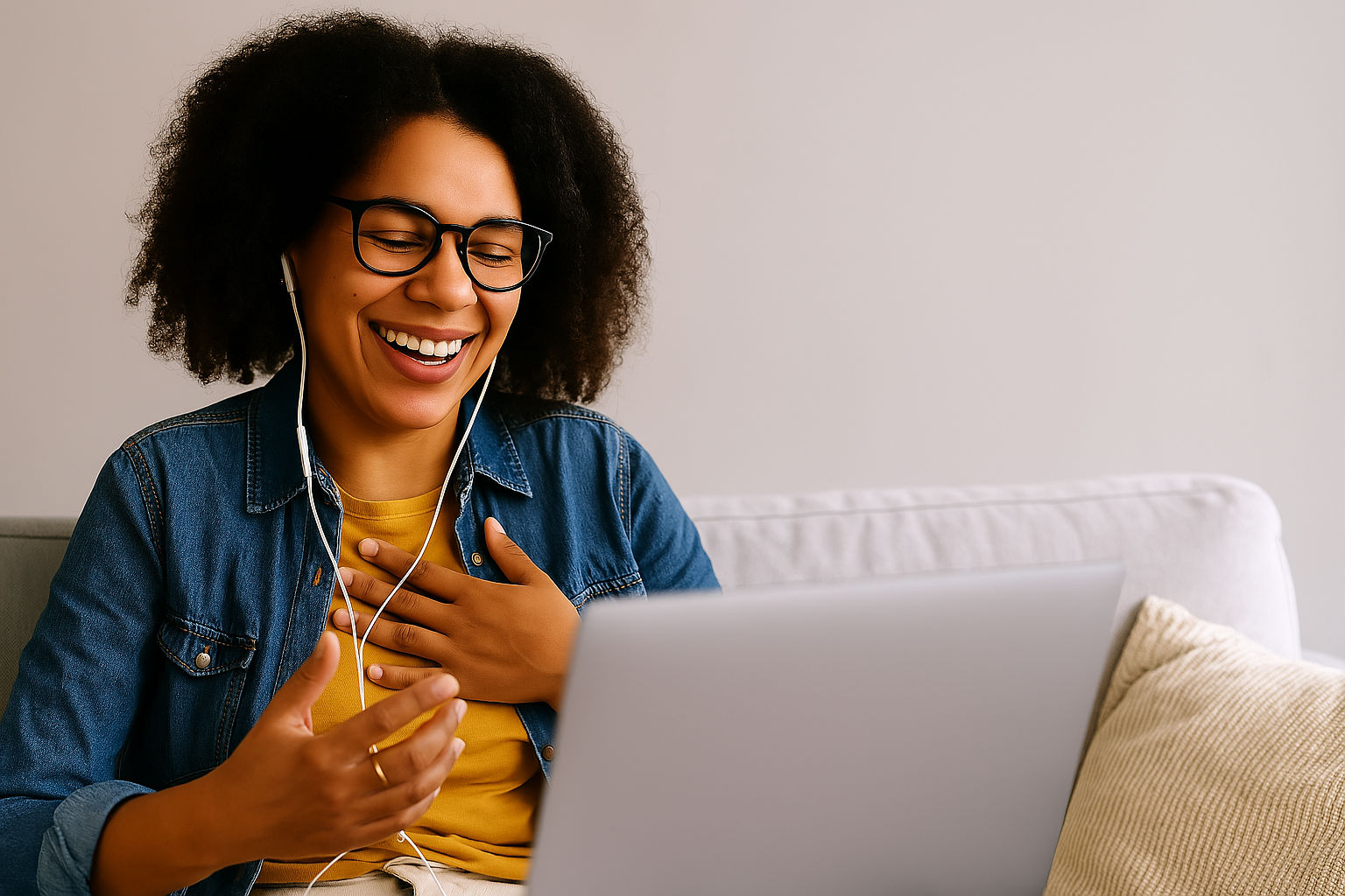 Uma pessoa em uma sessão de terapia online, sorrindo e se sentindo confortável.